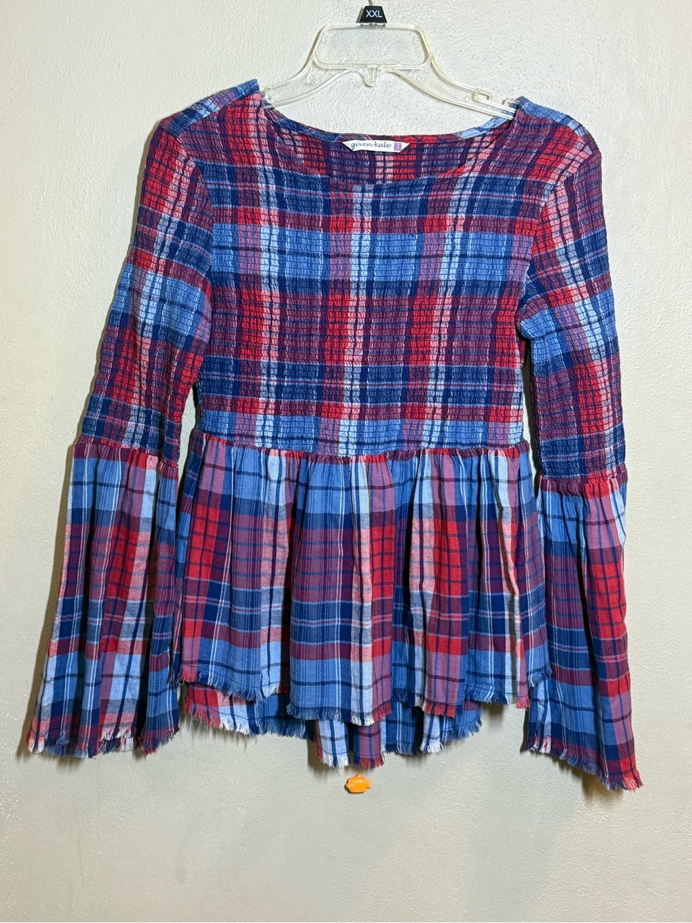 Women’s given kale Blue & Red Plaid Smocked Peplum LS Top Sz Sm
